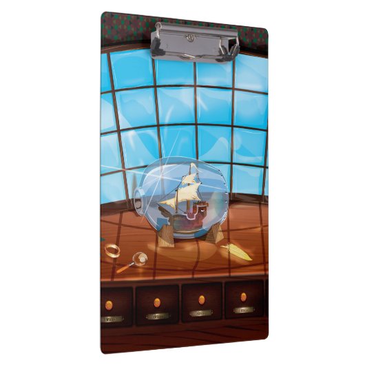 Schiff in einer Flasche auf dem Meer Klemmbrett (Rechts)