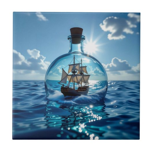 Schiff in einer Flasche im Meer Fliese (Vorderseite)