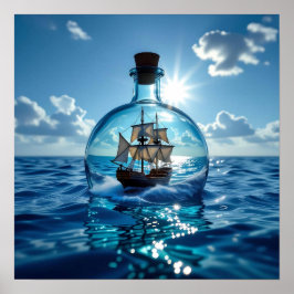 Schiff in einer Flasche im Meer Poster