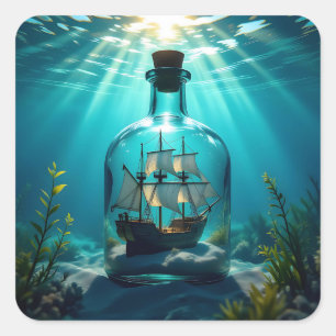 Schiff in einer Flasche im Meer Quadratischer Aufkleber