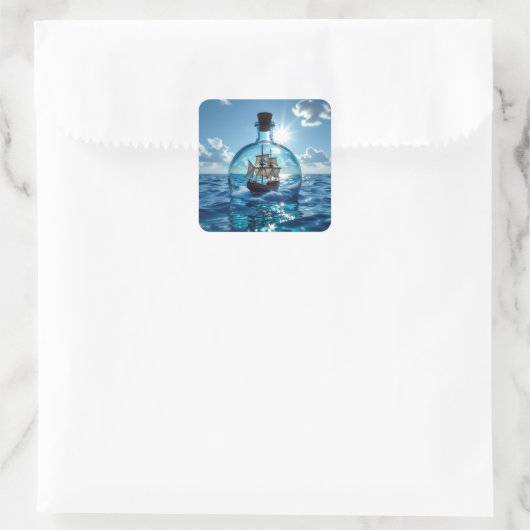 Schiff in einer Flasche im Meer Quadratischer Aufkleber (Tasche)