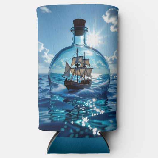 Schiff in einer Flasche im Meer Selters Dosenkühler (Vorderseite)