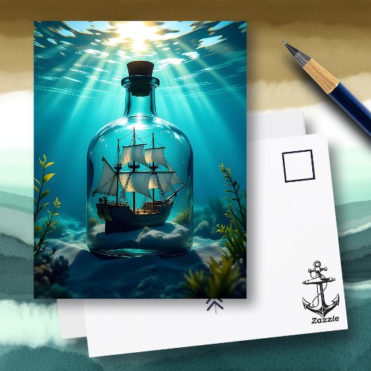 Schiff in einer Flasche im Meer | Sprichwort Hi Postkarte