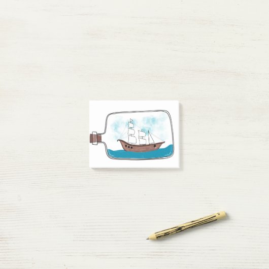 Schiff in einer Flasche Post-it Klebezettel (Auf Schreibtisch)