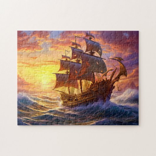 Schiff in Golden Sunset Storm Fantasy-Malerei Puzzle (Horizontal)