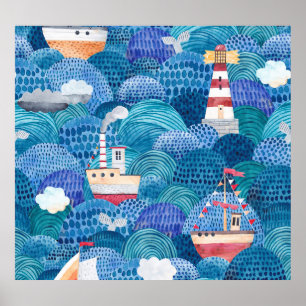 Schiff & Leuchtturm: Childish Watercolor Poster