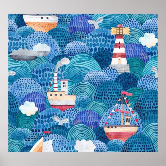 Schiff & Leuchtturm: Childish Watercolor Poster (Vorne)