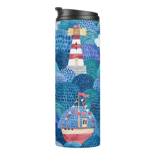 Schiff & Leuchtturm: Childish Watercolor Thermosbecher (Nach rechts gedreht)