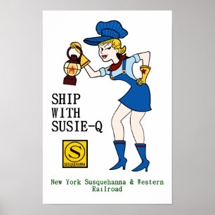 Schiff mit Susie Q, Eisenbahnplakat. Poster