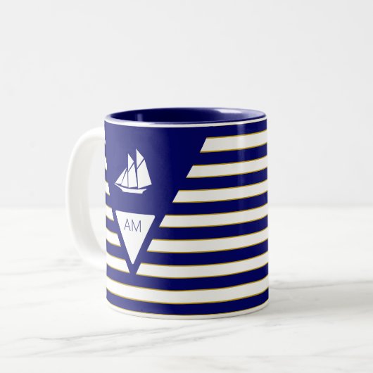 Schiff & Monogramm auf blau-weiß gestreift Zweifarbige Tasse (Vorderseite Links)
