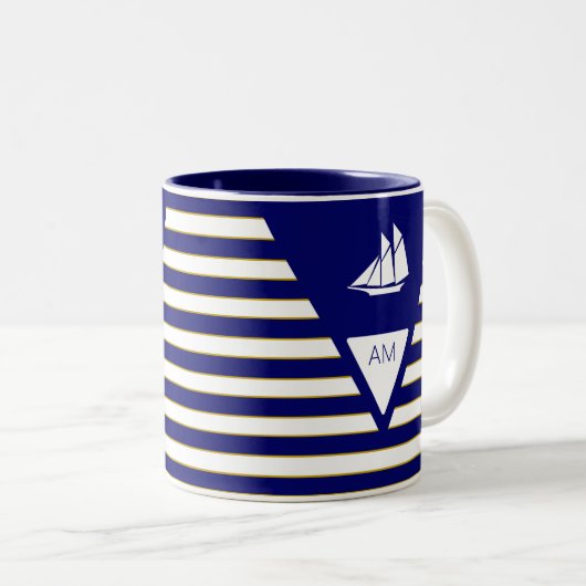 Schiff & Monogramm auf blau-weiß gestreift Zweifarbige Tasse (VorderseiteRechts)