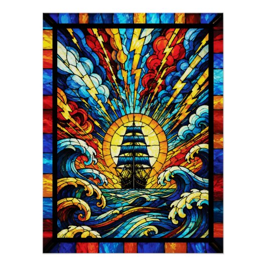 Schiff segelt durch Sturm Poster (Vorderseite)