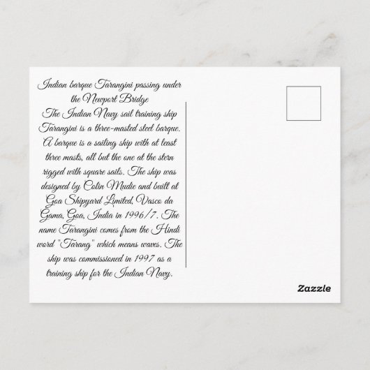 Schiff Tarangini Postkarte (Rückseite)