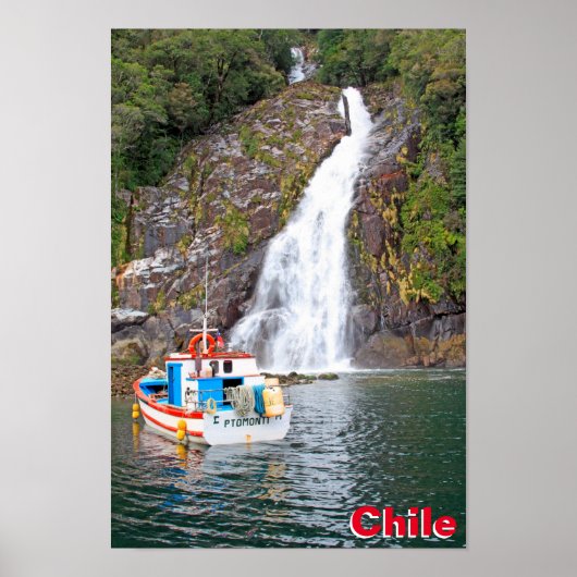 Schiff und Wasserfall, Chile Poster (Vorne)