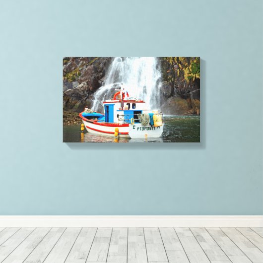 Schiff und Wasserfall Leinwanddruck (Insitu (Holzboden))