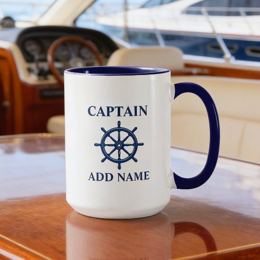 Schiff Wheel Helm & Captain oder Bootsname Large Tasse