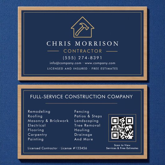 Schiffbau Navy Blau Gold Holz QR Code Visitenkarte