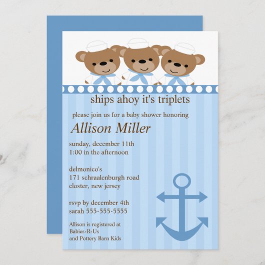 Schiffe ahoi ist es die Babyparty der DREIERGRUPPE Einladung (Vorne/Hinten)