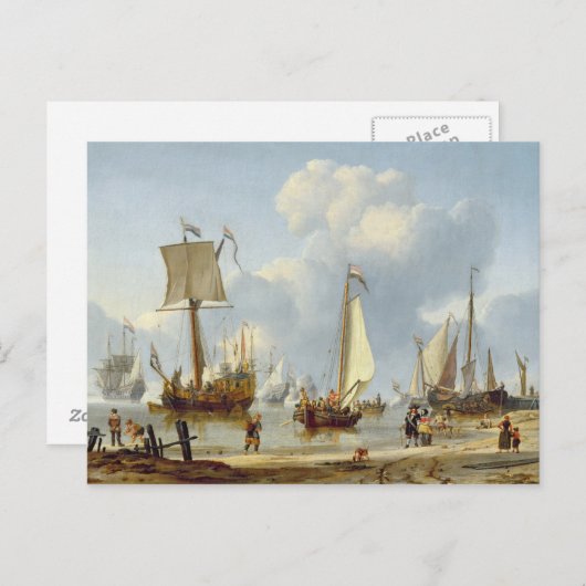 Schiffe in kaltem Wasser mit Figuren an der Küste Postkarte (Vorne/Hinten)