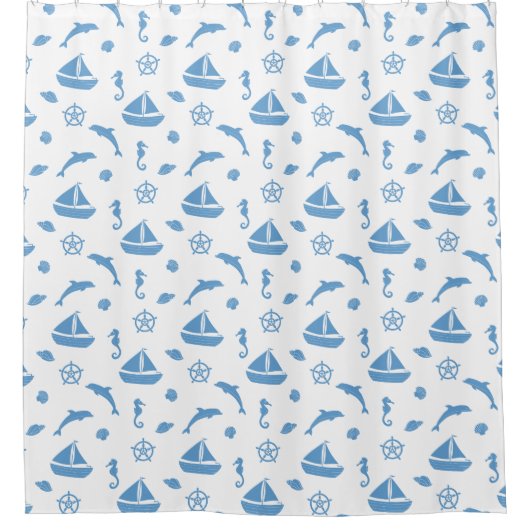 Schiffe und Delphine blaues Muster Duschvorhang (Vorderseite)