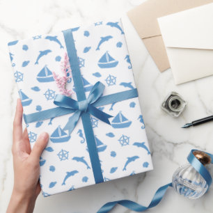 Schiffe und Delphine blaues Muster Geschenkpapier