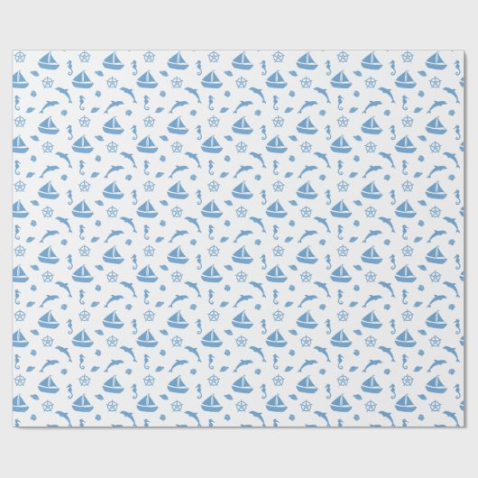 Schiffe und Delphine blaues Muster Geschenkpapier (Flach)