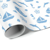 Schiffe und Delphine blaues Muster Geschenkpapier (Rolleneckpunkt)