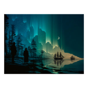 Schiffe unter dem Halbmond und Nordlichter Poster