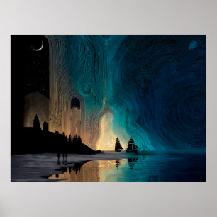 Schiffe unter dem Halbmond und Nordlichter Poster