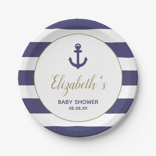 Schiffsanker Navy Blau Streifen Junge Baby-Party Pappteller (Vorderseite)