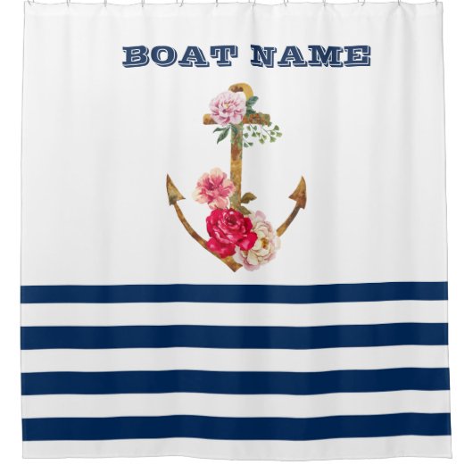 Schiffsname,Anker-Blume Navy Blue White Stripes Duschvorhang (Vorderseite)