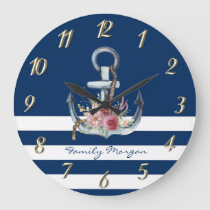 Schiffsname, Anker Blumen Navy Blau Streifen Große Wanduhr