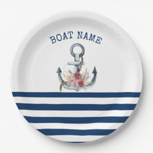 Schiffsname, Anker Blumen Navy Blau Streifen Pappteller