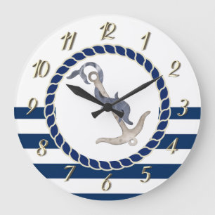 Schiffsname,Anker-Delfin blaue Streifen Große Wanduhr
