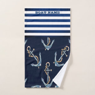 Schiffsname, Anker in navyblauen Streifen Badhandtuch Set