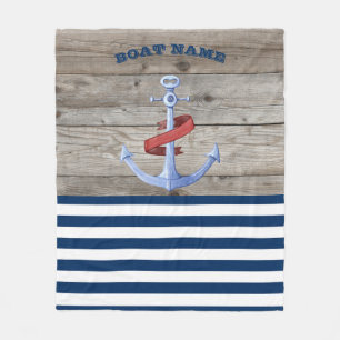 Schiffsname, Anker Navy Blau Gestreift Holz Fleecedecke