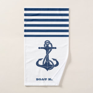 Schiffsname, Anker Navy Blau Weiß Gestreift Badhandtuch Set
