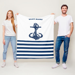 Schiffsname, Anker Navy Blau Weiße Streifen Fleecedecke