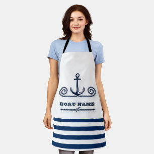 Schiffsname, Anker, Seil, marineblaue Streifen Schürze
