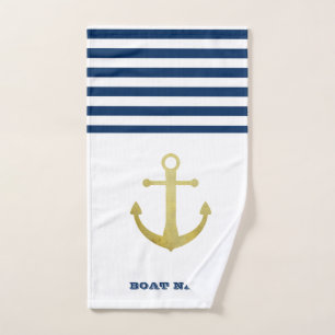 Schiffsname, Goldener Anker Marineblaue Streifen Badhandtuch Set