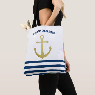 Schiffsname, Goldener Anker Marineblaue Streifen Tasche