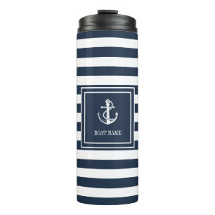 Schiffsname Navy Blau Streifen Nautischer Anker Thermosbecher