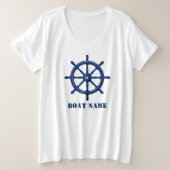 Schiffsname oder Ihr Name Helm Wheel Navy White Große Größe T-Shirt (Design vorne)