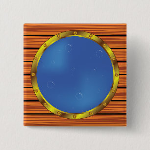 Schiffsporthole-Fenster mit blauem Wasser Button