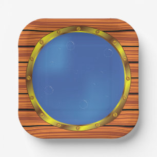 Schiffsporthole-Fenster mit blauem Wasser Pappteller