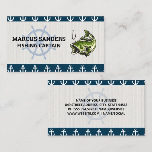 Schiffsrad | Ankermuster | Bassfisch Visitenkarte (Vorne/Hinten)