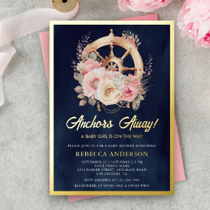 Schiffssteuerrad Nautical Mädchen Baby Shower Navy Folieneinladung