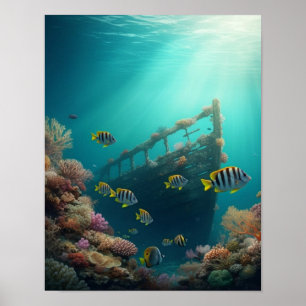 Schiffswrack und bunte Fische Poster