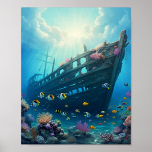 Schiffswrack versteckt auf einem Riff Poster