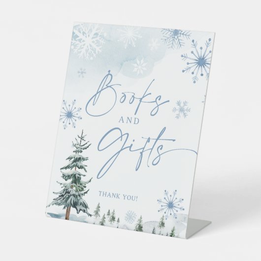 Schild "Bücher und Geschenke", Baby-Dusche im Wint (Vorderseite)